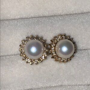Jay Strongwater Freshwater Pearl & Diamond Earrings genuine, gold backing